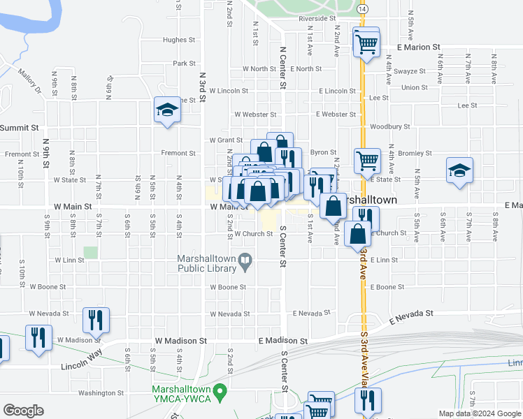 map of restaurants, bars, coffee shops, grocery stores, and more near 17 North 1st Street in Marshalltown