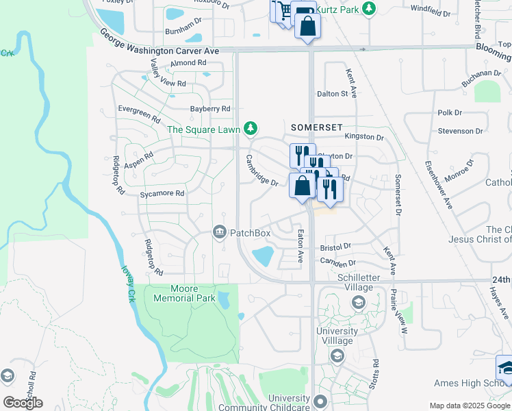 map of restaurants, bars, coffee shops, grocery stores, and more near 2806 George Washington Carver Avenue in Ames