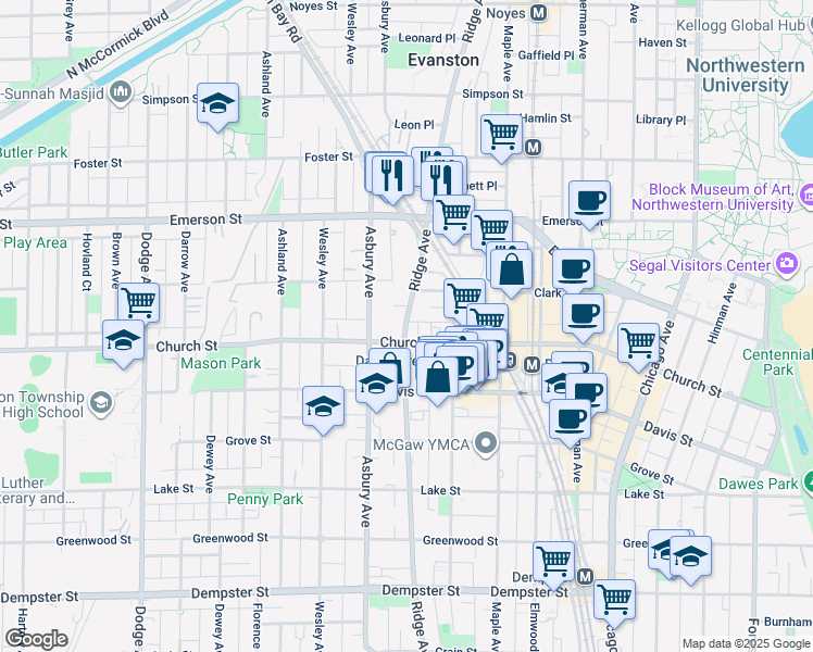 map of restaurants, bars, coffee shops, grocery stores, and more near 1717 Ridge Avenue in Evanston