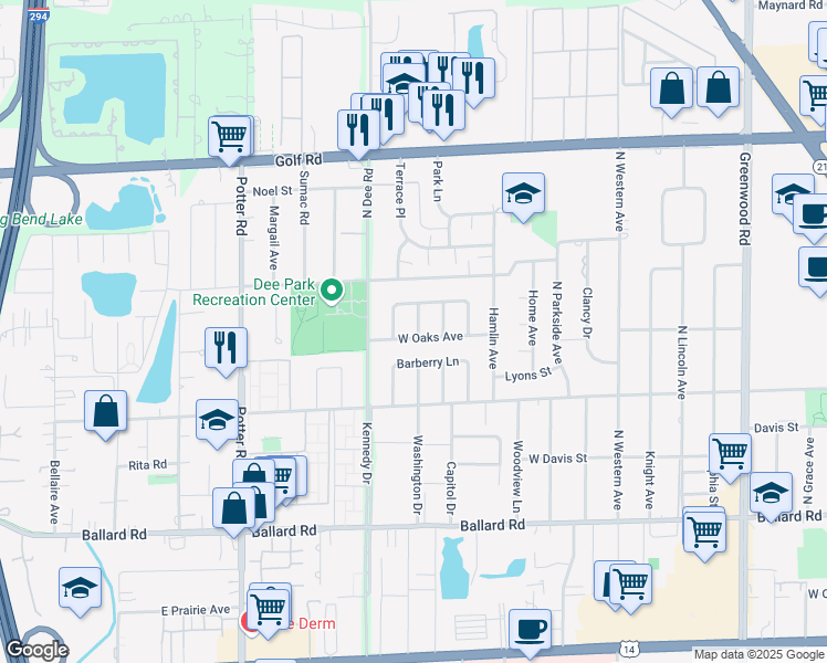 map of restaurants, bars, coffee shops, grocery stores, and more near 9116 West Oaks Avenue in Des Plaines