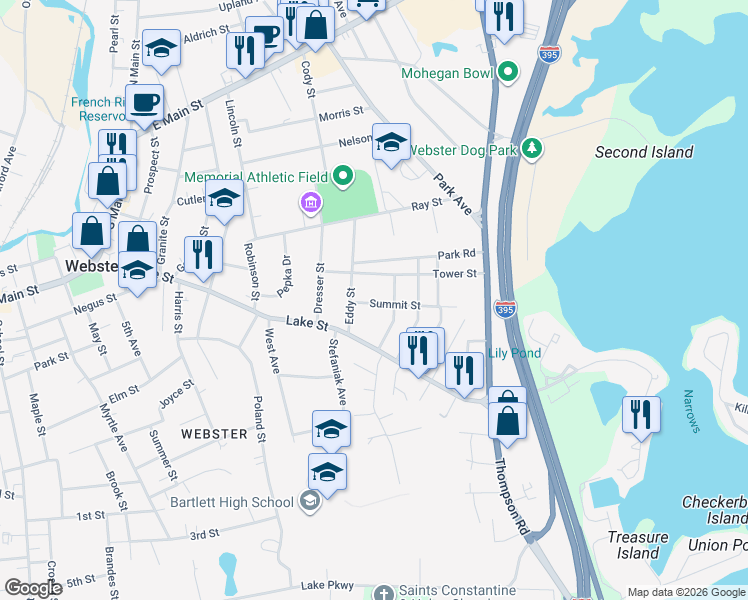 map of restaurants, bars, coffee shops, grocery stores, and more near 26 Tower Street in Webster