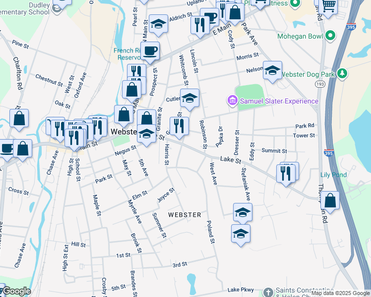 map of restaurants, bars, coffee shops, grocery stores, and more near 51 Lake Street in Webster