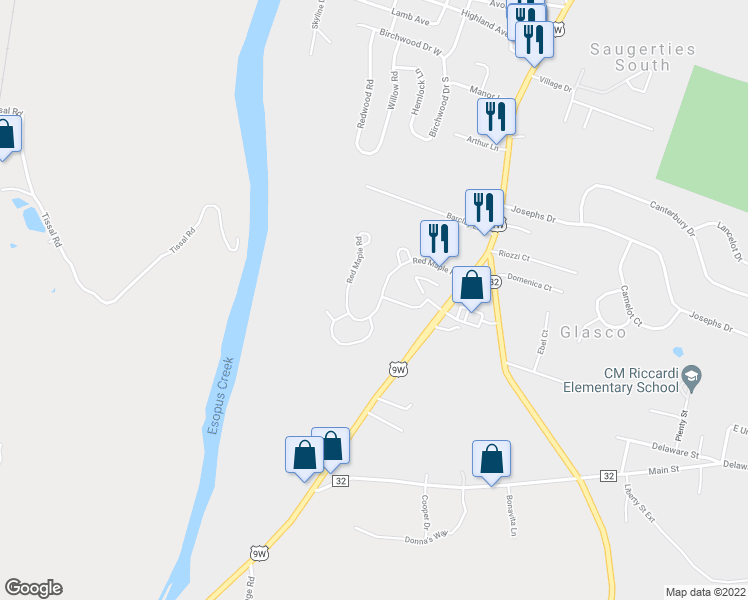 map of restaurants, bars, coffee shops, grocery stores, and more near 32 Red Maple Road in Saugerties