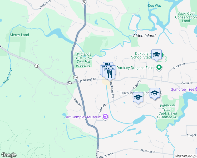 map of restaurants, bars, coffee shops, grocery stores, and more near 294 Saint George Street in Duxbury