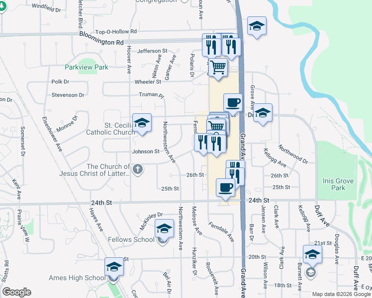 map of restaurants, bars, coffee shops, grocery stores, and more near 1120 Johnson Street in Ames