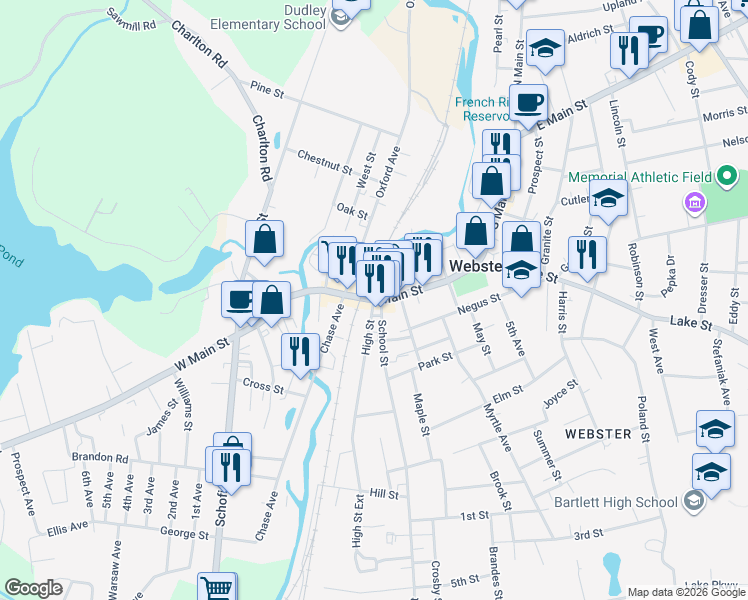 map of restaurants, bars, coffee shops, grocery stores, and more near 8 Davis Street in Webster