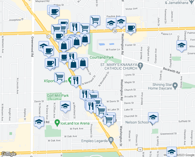 map of restaurants, bars, coffee shops, grocery stores, and more near 9246 Courtland Drive in Niles