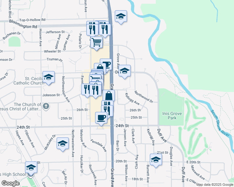 map of restaurants, bars, coffee shops, grocery stores, and more near 607 28th Street in Ames