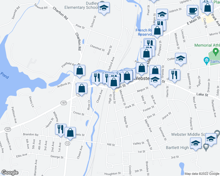 map of restaurants, bars, coffee shops, grocery stores, and more near Main St & Davis St in Webster