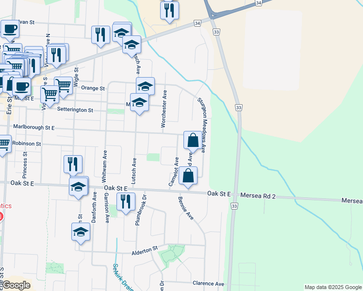 map of restaurants, bars, coffee shops, grocery stores, and more near 10 Camelot Avenue in Leamington