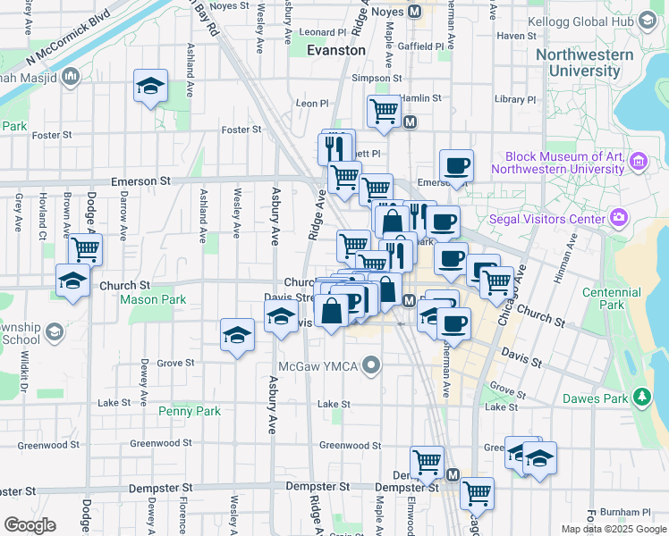 map of restaurants, bars, coffee shops, grocery stores, and more near 1718 Oak Avenue in Evanston
