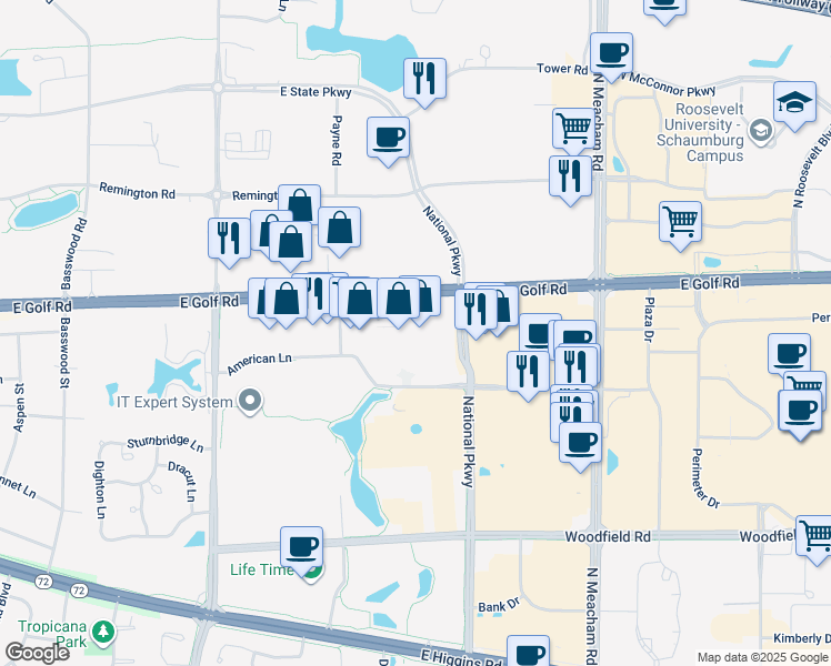 map of restaurants, bars, coffee shops, grocery stores, and more near 1055 East Golf Road in Schaumburg