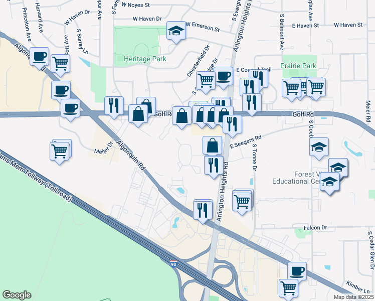 map of restaurants, bars, coffee shops, grocery stores, and more near 64 West Seegers Road in Arlington Heights
