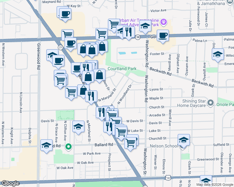 map of restaurants, bars, coffee shops, grocery stores, and more near 9246 Courtland Drive in Niles