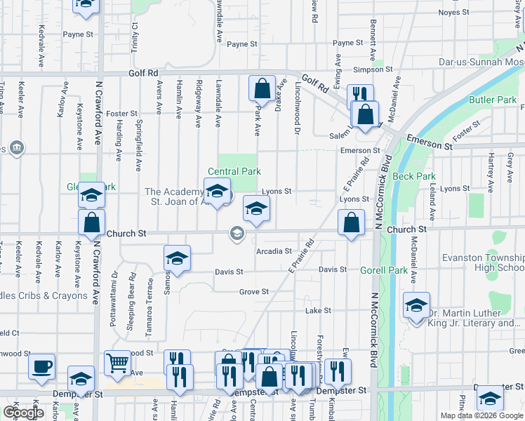 map of restaurants, bars, coffee shops, grocery stores, and more near 9246 Drake Avenue in Evanston