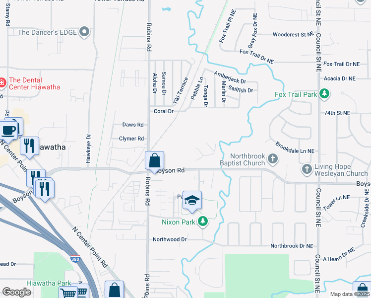 map of restaurants, bars, coffee shops, grocery stores, and more near 120 Boyson Road in Hiawatha