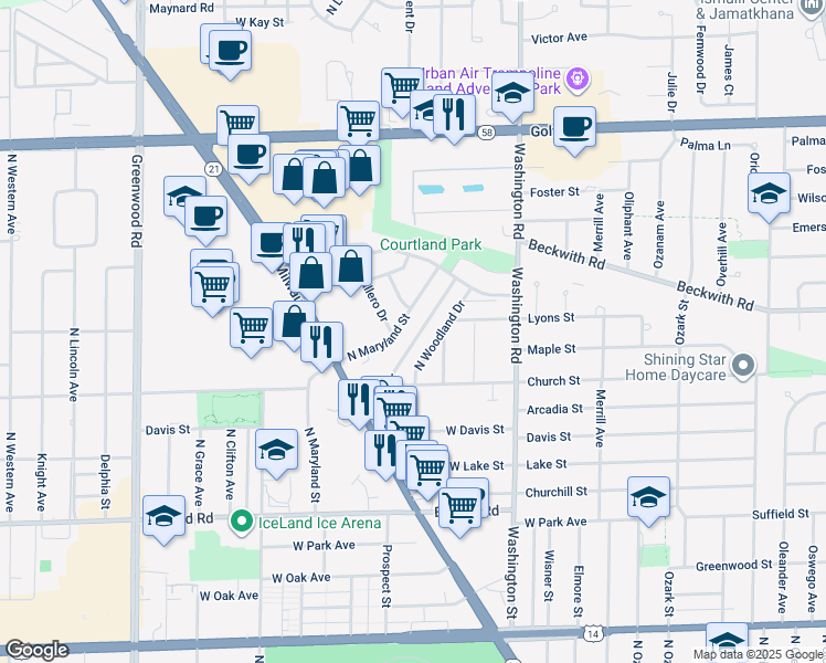 map of restaurants, bars, coffee shops, grocery stores, and more near 9246 Courtland Drive in Niles