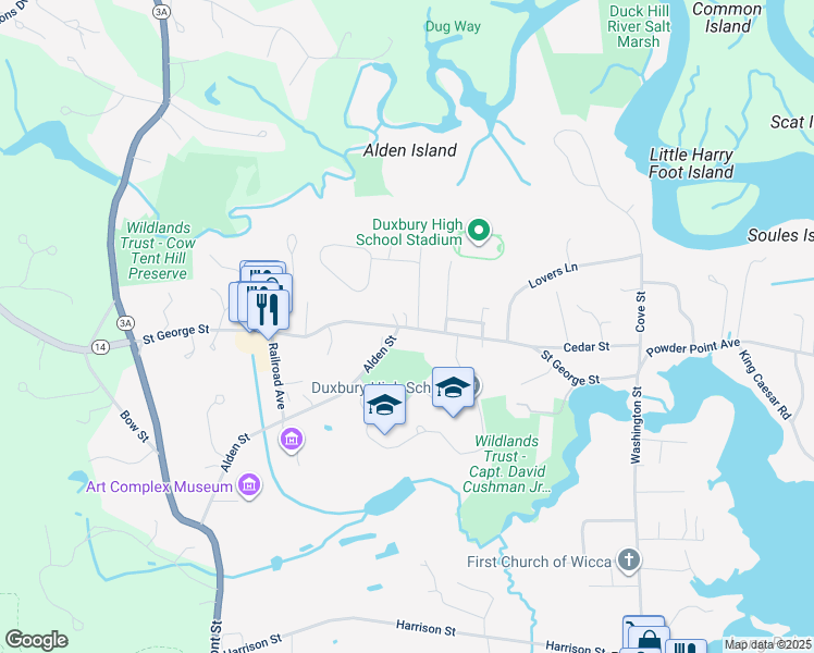 map of restaurants, bars, coffee shops, grocery stores, and more near 190 Saint George Street in Duxbury