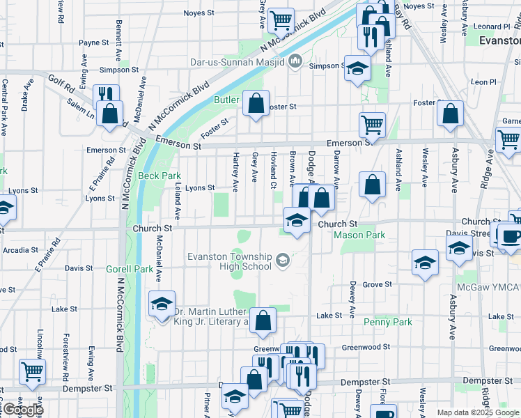 map of restaurants, bars, coffee shops, grocery stores, and more near 1733 Grey Avenue in Evanston