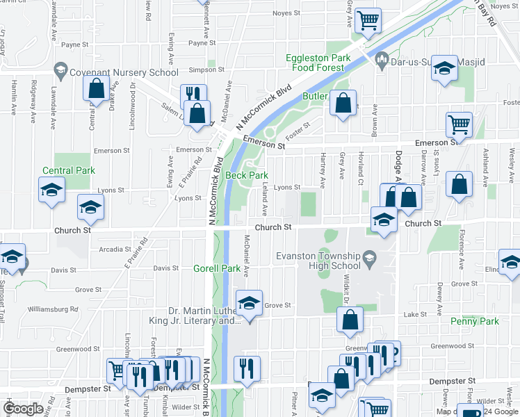 map of restaurants, bars, coffee shops, grocery stores, and more near 1735 McDaniel Avenue in Evanston
