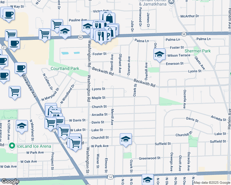 map of restaurants, bars, coffee shops, grocery stores, and more near 9239 Merrill Avenue in Morton Grove