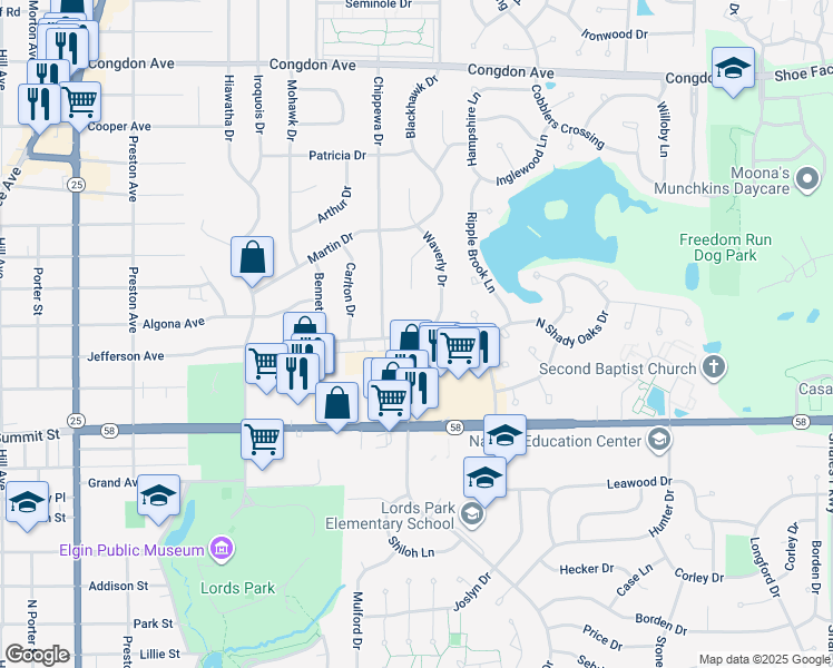 map of restaurants, bars, coffee shops, grocery stores, and more near 660 Waverly Drive in Elgin