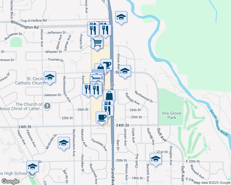 map of restaurants, bars, coffee shops, grocery stores, and more near 607 28th Street in Ames