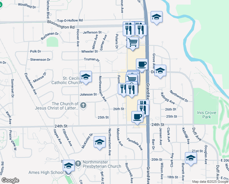 map of restaurants, bars, coffee shops, grocery stores, and more near 1120 Johnson Street in Ames