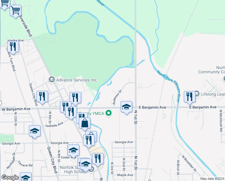 map of restaurants, bars, coffee shops, grocery stores, and more near Regency Circle South in Norfolk