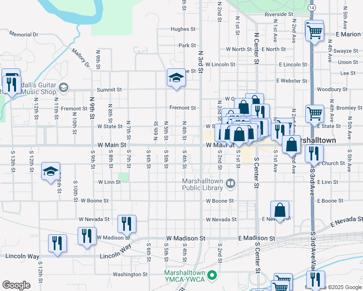 map of restaurants, bars, coffee shops, grocery stores, and more near 412 West Main Street in Marshalltown