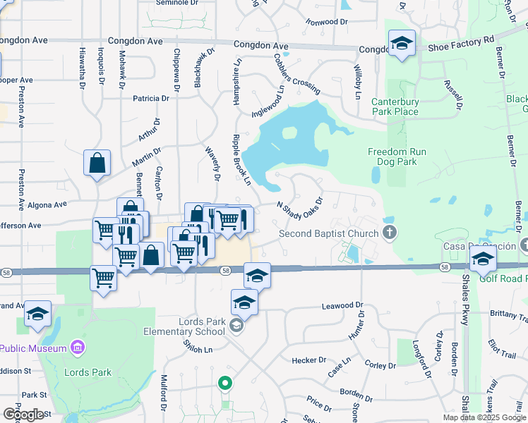 map of restaurants, bars, coffee shops, grocery stores, and more near 779 North Shady Oaks Drive in Elgin