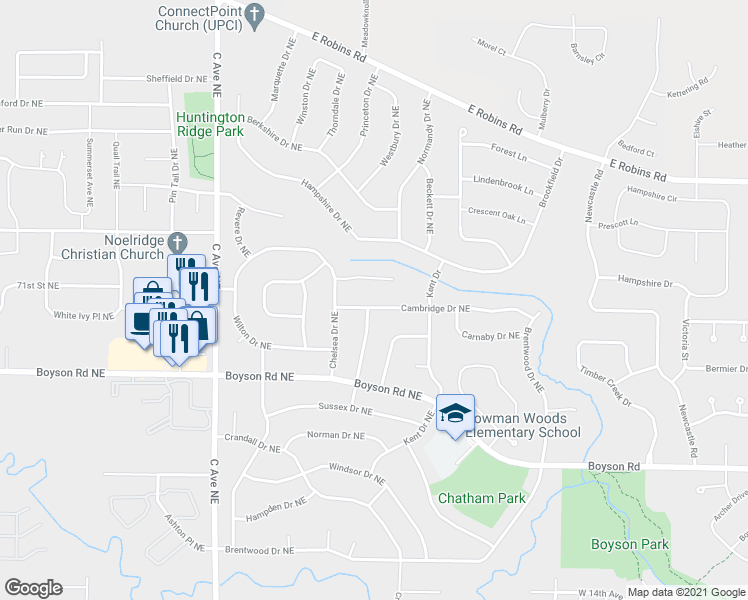 map of restaurants, bars, coffee shops, grocery stores, and more near 370 Cambridge Drive Northeast in Cedar Rapids