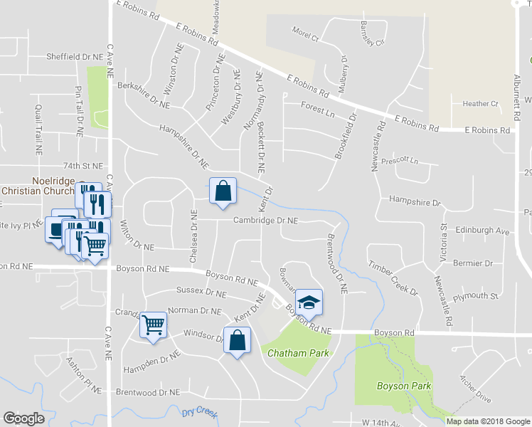 map of restaurants, bars, coffee shops, grocery stores, and more near 346 Cambridge Drive Northeast in Cedar Rapids