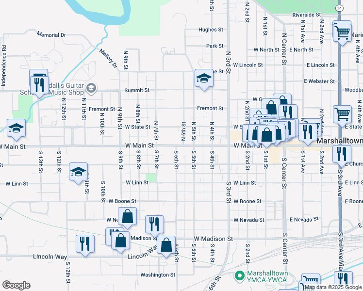 map of restaurants, bars, coffee shops, grocery stores, and more near 609 West Main Street in Marshalltown