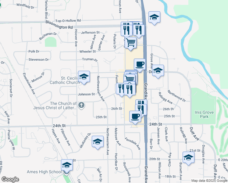 map of restaurants, bars, coffee shops, grocery stores, and more near 1120 Johnson Street in Ames