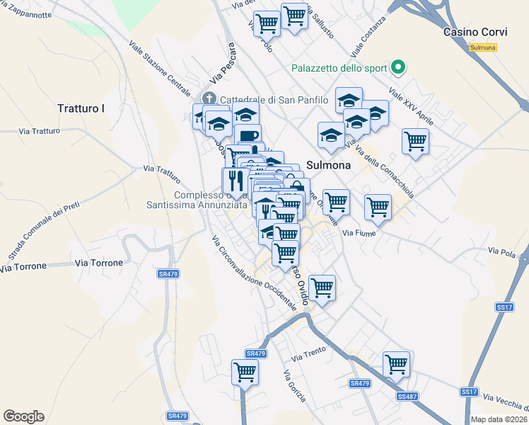 map of restaurants, bars, coffee shops, grocery stores, and more near 9 Via degli Archibugi in Sulmona