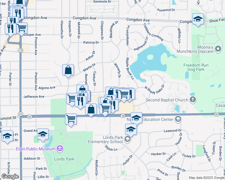 map of restaurants, bars, coffee shops, grocery stores, and more near 660 Waverly Drive in Elgin