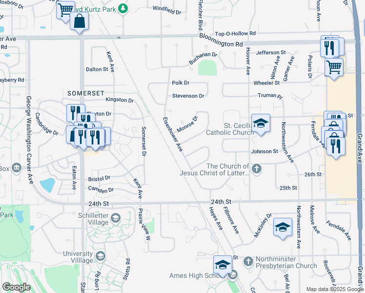 map of restaurants, bars, coffee shops, grocery stores, and more near 2718 Eisenhower Avenue in Ames