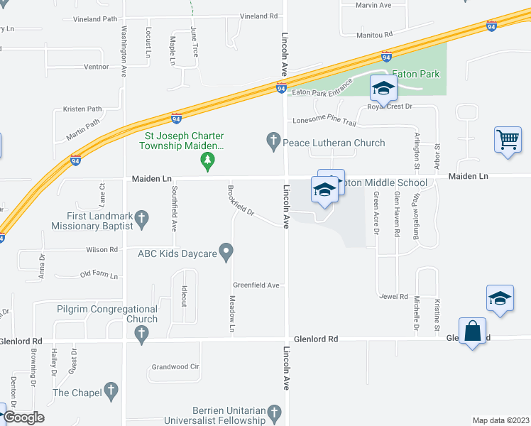 map of restaurants, bars, coffee shops, grocery stores, and more near 953 Brookfield Drive in St. Joseph