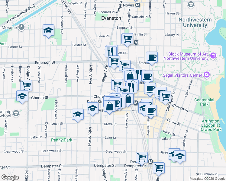 map of restaurants, bars, coffee shops, grocery stores, and more near 1718 Oak Avenue in Evanston