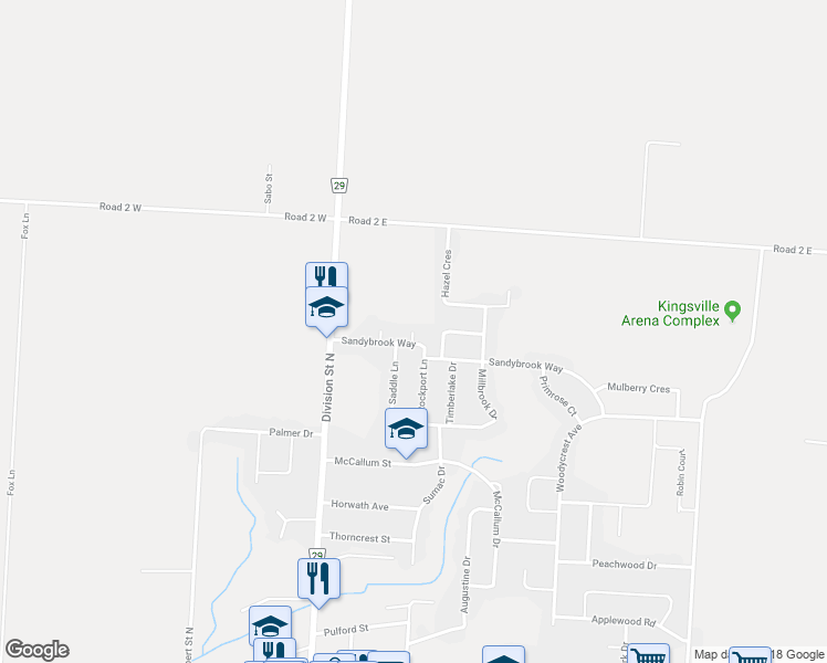 map of restaurants, bars, coffee shops, grocery stores, and more near Brookside Court in Kingsville