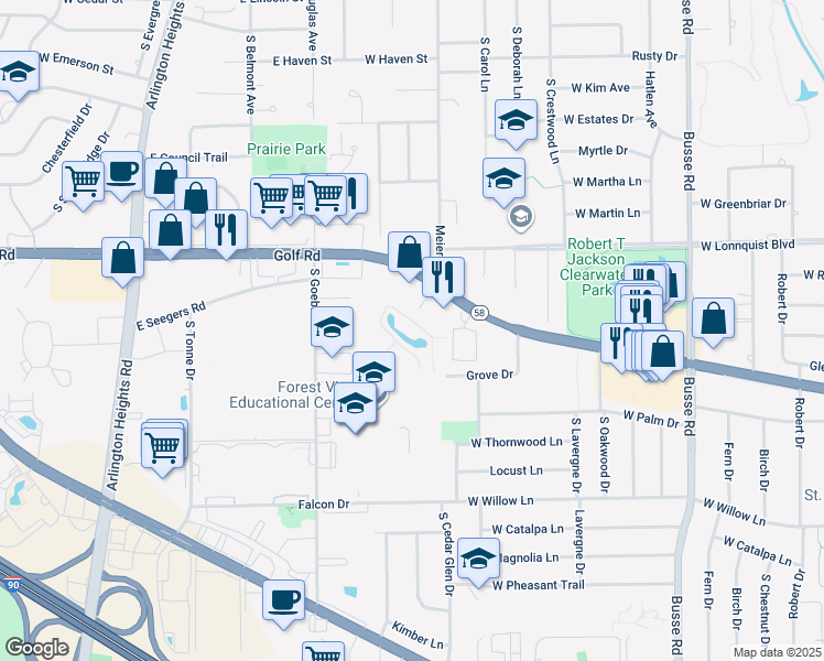 map of restaurants, bars, coffee shops, grocery stores, and more near 901 East Golf Road in Arlington Heights