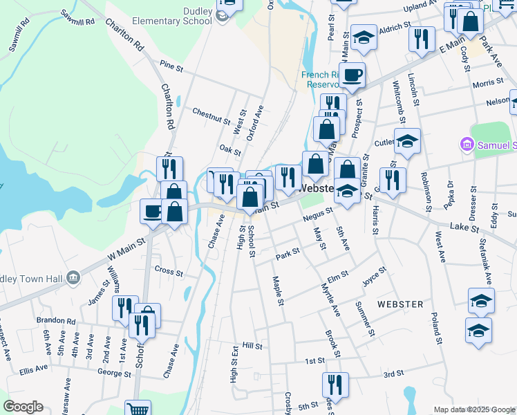 map of restaurants, bars, coffee shops, grocery stores, and more near 211 Main Street in Webster