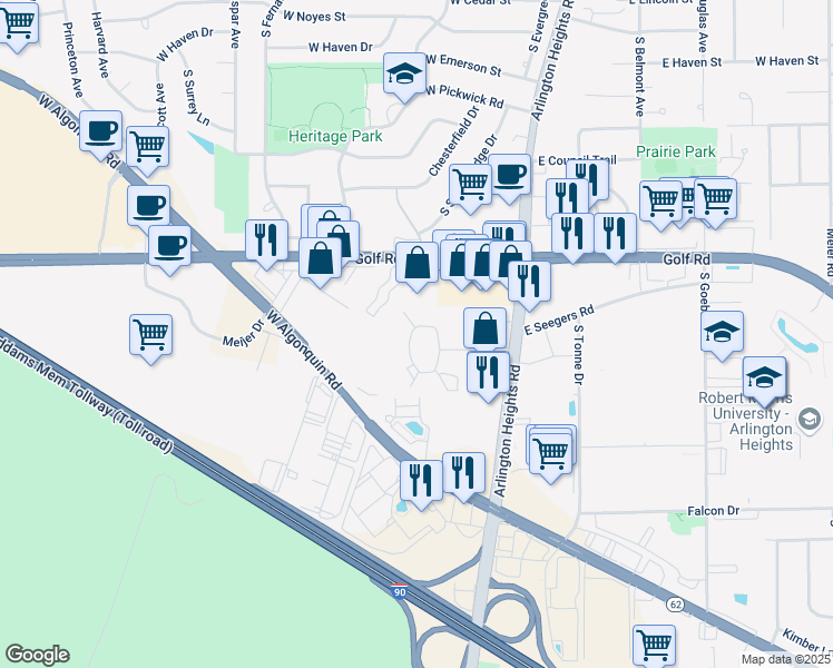 map of restaurants, bars, coffee shops, grocery stores, and more near 77 West Seegers Road in Arlington Heights