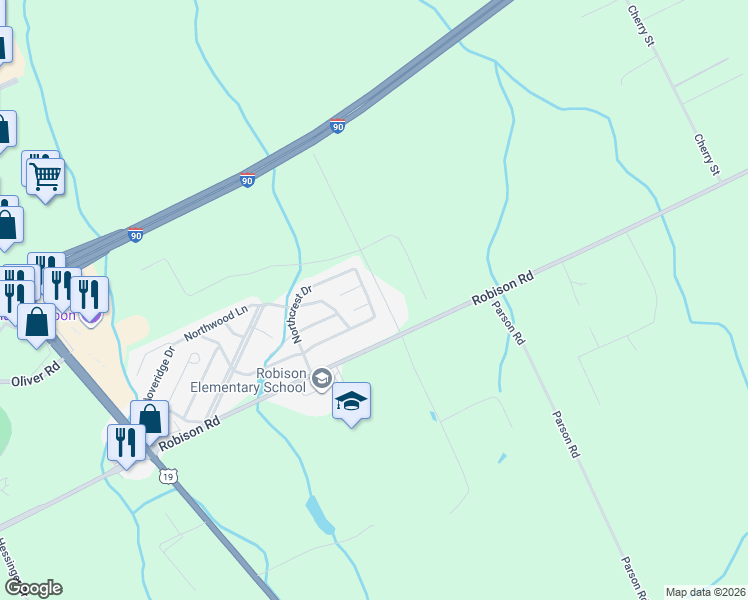 map of restaurants, bars, coffee shops, grocery stores, and more near 8237 Timberwood Lane in Erie