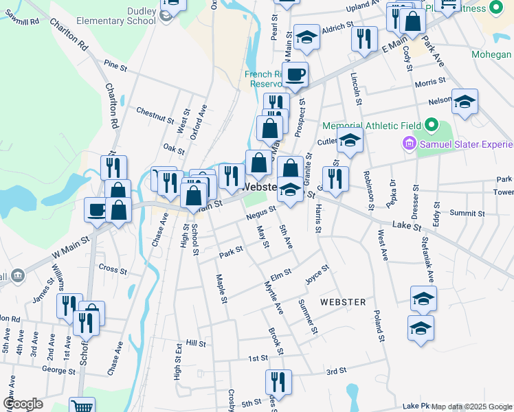 map of restaurants, bars, coffee shops, grocery stores, and more near 350 Main Street in Webster