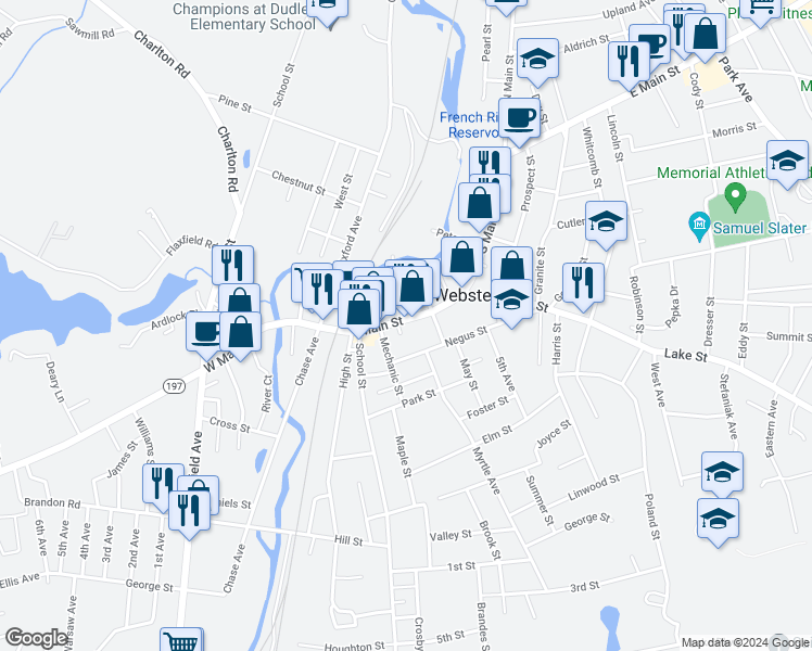 map of restaurants, bars, coffee shops, grocery stores, and more near 211 Main Street in Webster