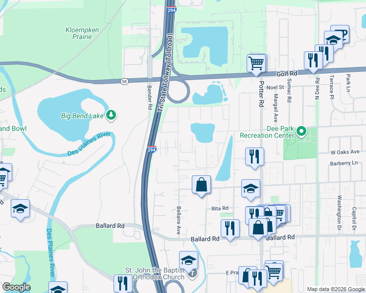 map of restaurants, bars, coffee shops, grocery stores, and more near 9408 Bay Colony Drive in Des Plaines