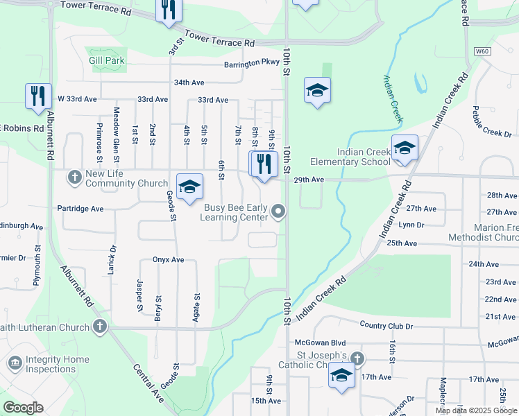 map of restaurants, bars, coffee shops, grocery stores, and more near 2710 10th Street in Marion