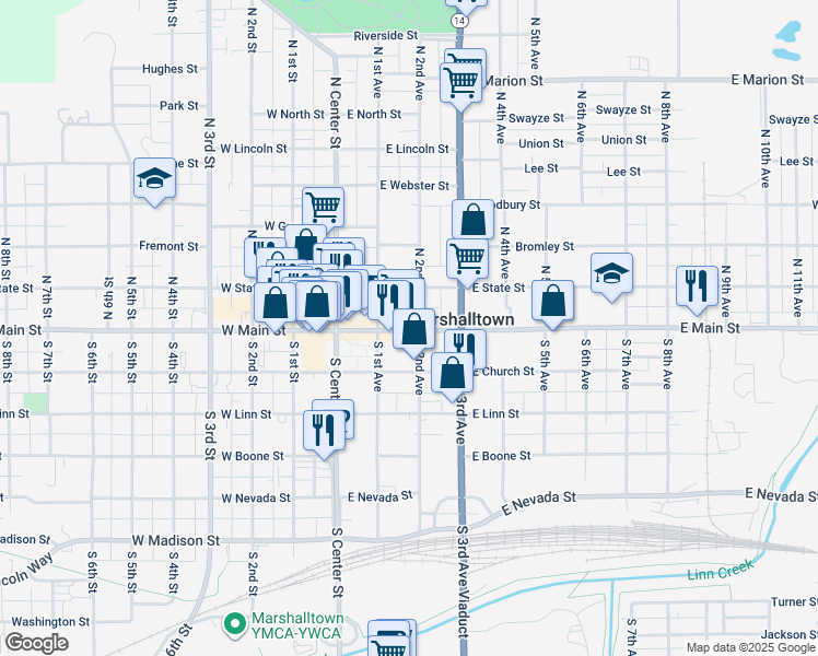 map of restaurants, bars, coffee shops, grocery stores, and more near 128 1/2 East Main Street in Marshalltown